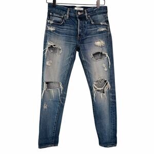 Moussy Distressed Jeans Med Wash Blue Mid Rise Ripped Destroyed Boyfriend 28